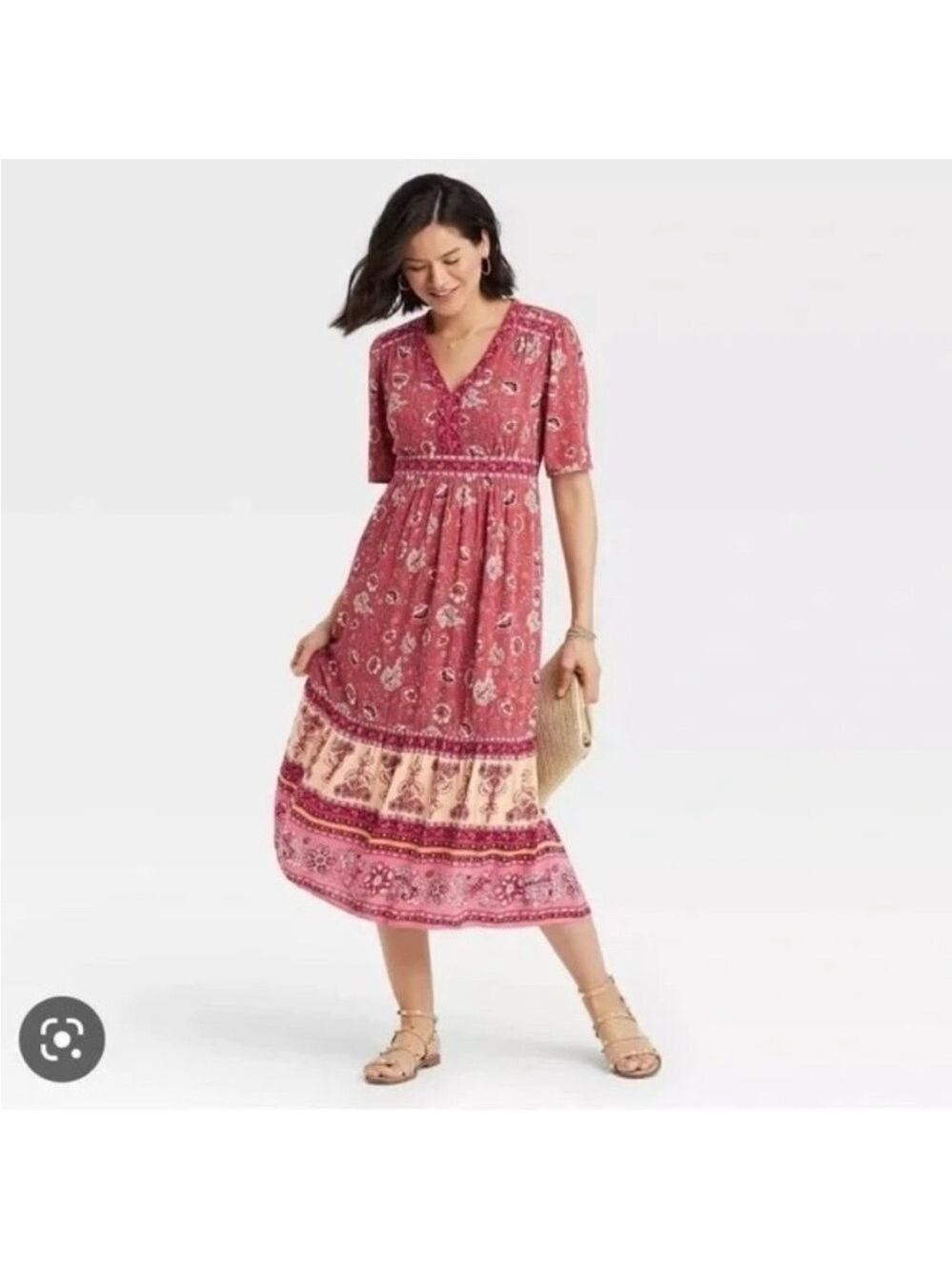 Knox Rose Floral Pleated V-Neck Short Sleeve Midi Dress Women’s M Red Multicolor